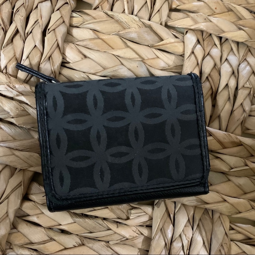 Black faux leather wallet w/fabric on front